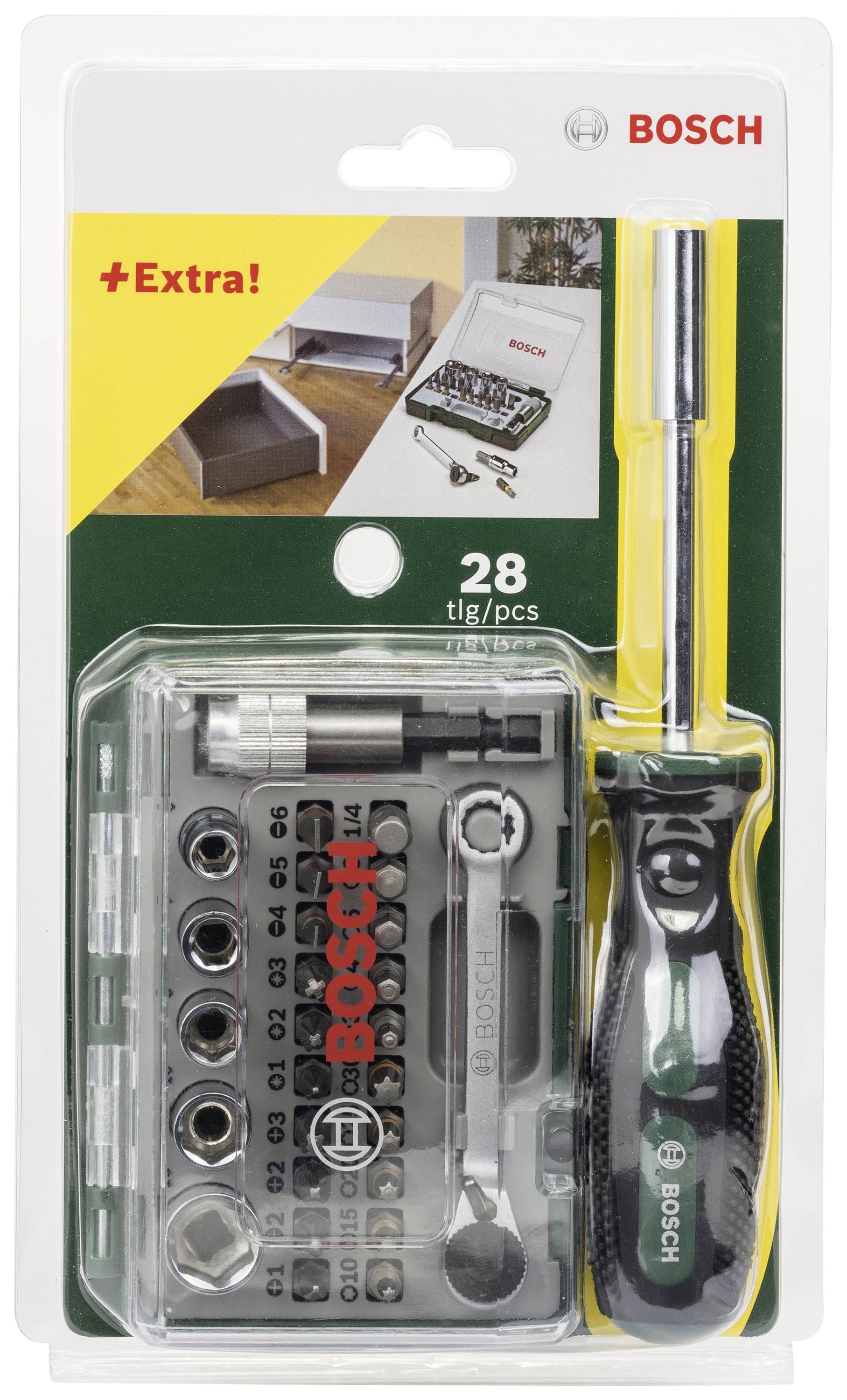Bosch Schraubendreher-Set, 28-teilig, enthält Schraubendrehergriff, verschiedene Bits. Verpackung zeigt Inhalt und Anwendung.
