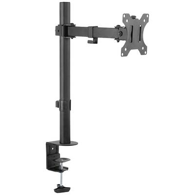 Schwarze Monitorhalterung mit verstellbarem Arm und Klemme zur Befestigung an Schreibtischen. Geeignet für Flachbildschirme.