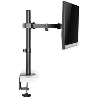Ein Monitor ist an einem höhenverstellbaren, schwarz lackierten Schreibtischarm befestigt. Der Arm ist an der Tischkante mit einer Klemme montiert.