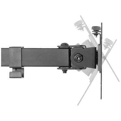 Monitorhalterung mit schwenkbarem Arm, zeigt links Gelenkmechanismus. Bewegungsbereich in schematischer Darstellung.