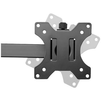 Eine schwarze TV-Halterung mit mehreren Befestigungslöchern, montiert an einem flachen Arm, ermöglicht flexible Bildschirmpositionierung.