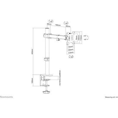 Computer-Monitorhalterung: Höhenverstellbarer Arm mit 360°-Drehung, 180°-Schwenkung und 90°-Neigung. Maße und Anbringung gezeigt.