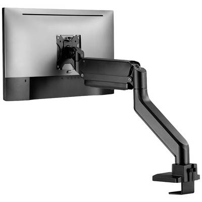 Schwarzer Monitorarm, der einen Computerbildschirm hält. Der Arm ist verstellbar und an einem Tisch befestigt. Rückansicht des Bildschirmes.