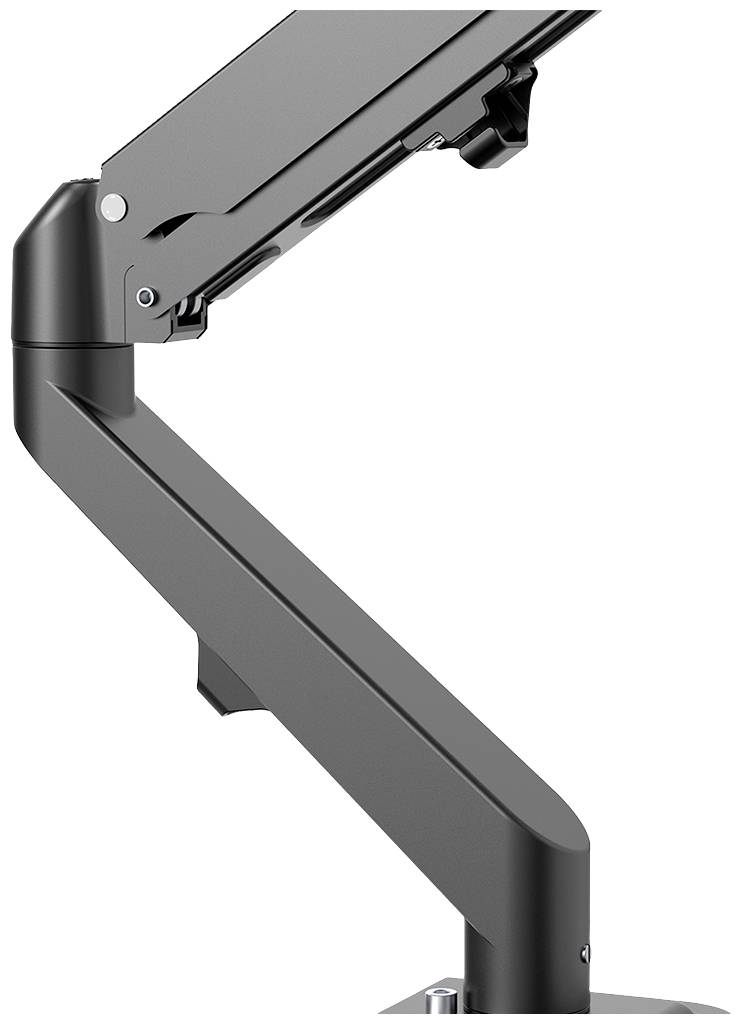 Nahaufnahme eines schwarzen, verstellbaren Monitorarms vor weißem Hintergrund. Der Arm hat Gelenke zur flexiblen Positionierung.