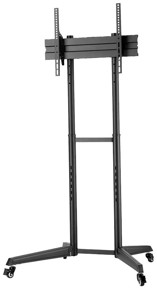 Ein schwarzer, mobiler TV-Ständer mit Rollen und verstellbarer Halterung für Flachbildschirme.