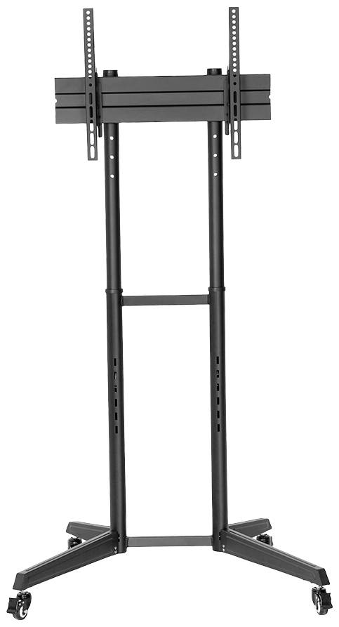 Schwarzer, rollbarer TV-Ständer mit höhenverstellbarer Halterung, geeignet für große Bildschirme; ideal für flexiblen Einsatz in Büroumgebungen.
