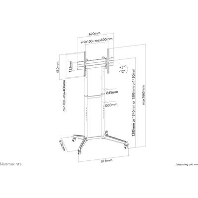 'Neomounts mobiler TV-Ständer.' Zeichnung zeigt Maße: Breite 620mm, Höhe 1285-1655mm, VESA 100-600mm. Neigungswinkel +5°/-12°.