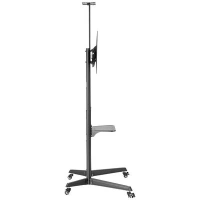 Einzelner schwarzer TV-Ständer auf Rollen, höhenverstellbar, mit montierbarem Monitor, ideal für Präsentationen oder Büros.