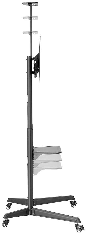 'Ein mobiler TV-Ständer auf Rollen. Er ist höhenverstellbar, hat mehrere Halterungen und eignet sich für Präsentationen oder Büros.'