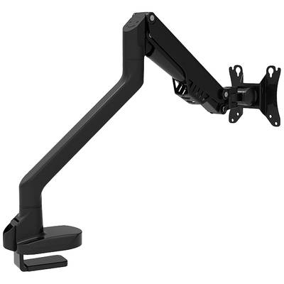 Schwarzer Monitorarm aus Metall, befestigt an Tischkante, ermöglicht flexible Positionierung des Bildschirms für ergonomische Nutzung.