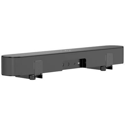 Schwarze Soundbar mit abgerundeten Ecken auf einem Tisch. Sichtbar sind die Kontrolltasten an der Oberseite und die Halterungen an der Vorderseite.
