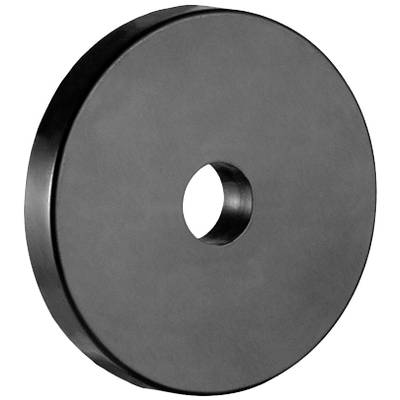 Schwarzes, rundes Gewicht mit Loch in der Mitte, flache Oberfläche, typisches Design für Hantelgewichte.