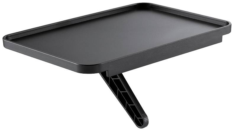 Schwarzes, rechteckiges Tischtablett mit einem klappbaren Bein, verwendet als stabile Ablagefläche auf Betten oder Sofas.