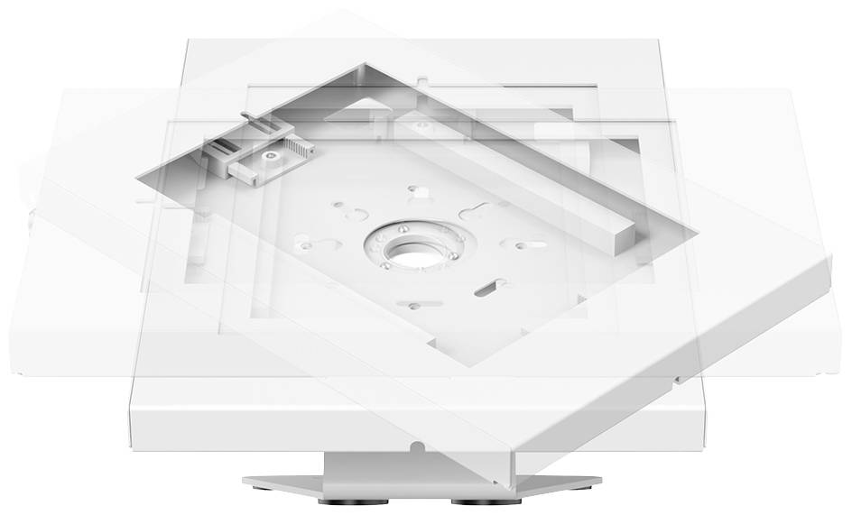 Transparente Überlagerung von quadratischen Komponenten, die ineinandergreifen, auf einer weißen Plattform. Zentrale Halterung sichtbar.
