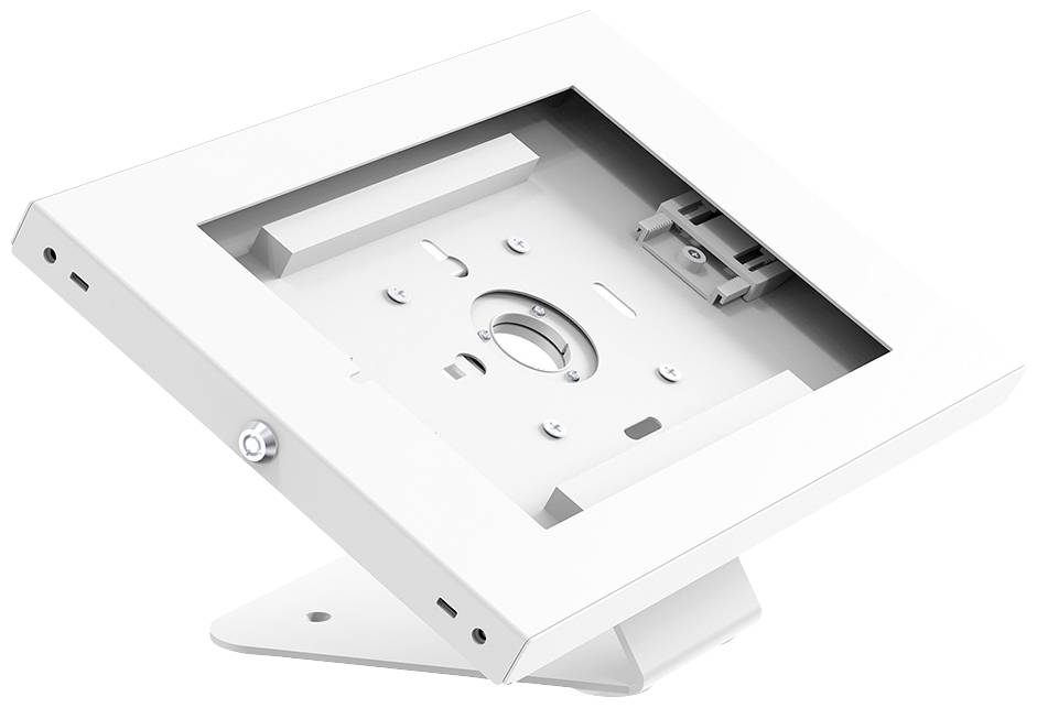 Weiße Metallhalterung für Tablets oder Bildschirme, geneigt in einer stabilen Position.