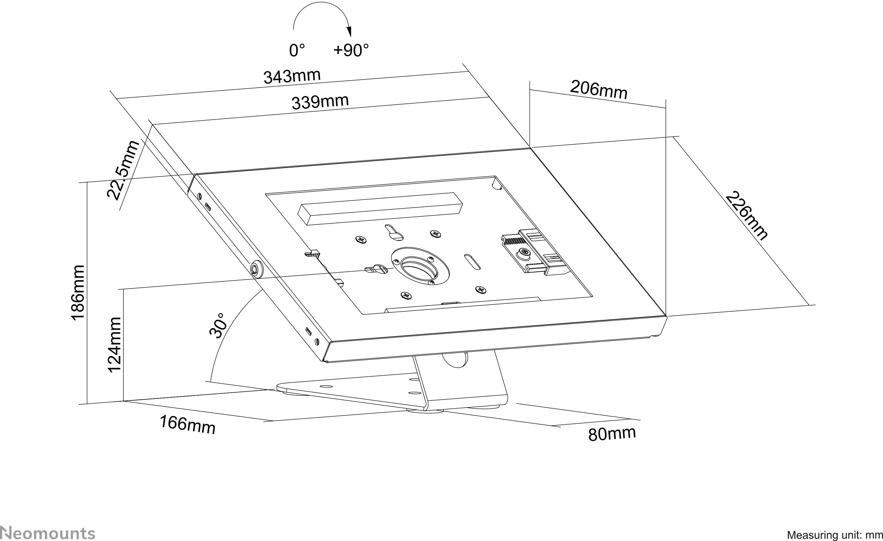 Zur Abbildung gehört eine technische Zeichnung eines Tablet-Halters mit Abmessungen: 343 mm Breite, 186 mm Höhe, verstellbarer Winkel von -30° bis +90°.