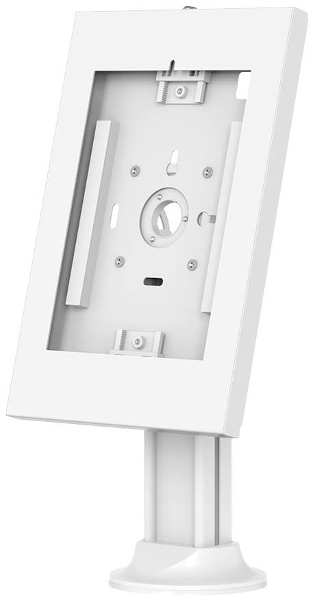 Weiße Tablet-Wandhalterung mit verstellbarem Standfuß, geeignet für interaktive Displays oder Präsentationen.