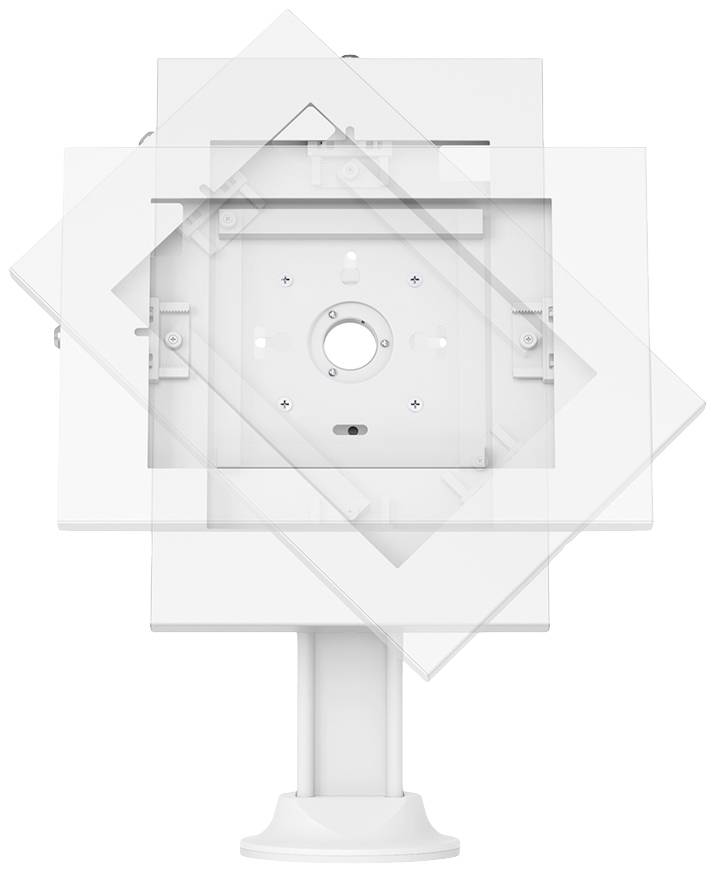Weißes geometrisches Kunstobjekt mit überlappenden Quadraten und Rechtecken, zentriert auf einer weißen Standfläche.