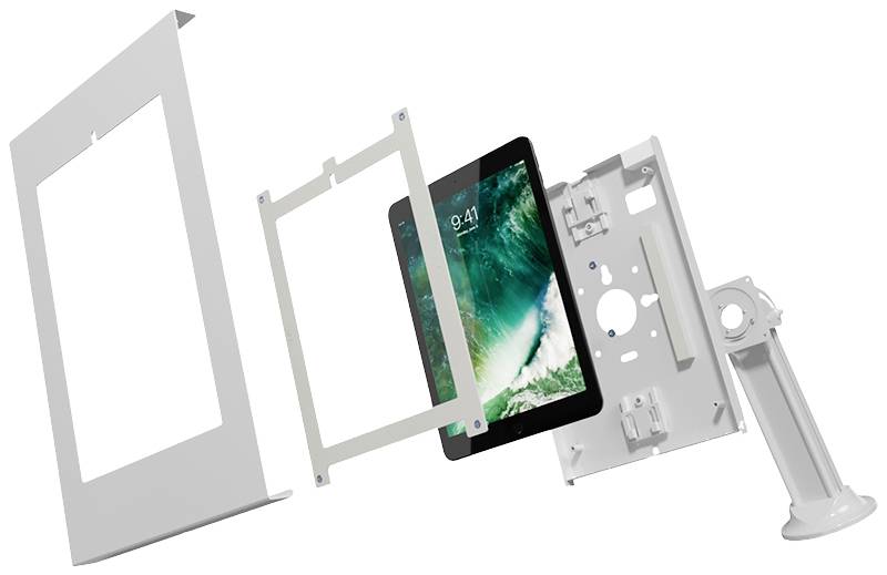 Explosionszeichnung eines Tablet-Halterungssystems mit einem Tablet, Rahmen, und Befestigungselementen, die auseinandergezogen dargestellt sind.