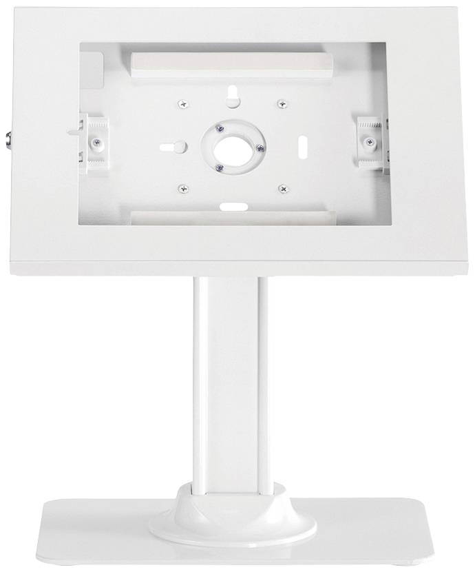 Weiße Tablet-Halterung mit stabilem Standfuß, geeignet für Präsentationen oder Ausstellungen. Das Design ermöglicht sichere Befestigung.
