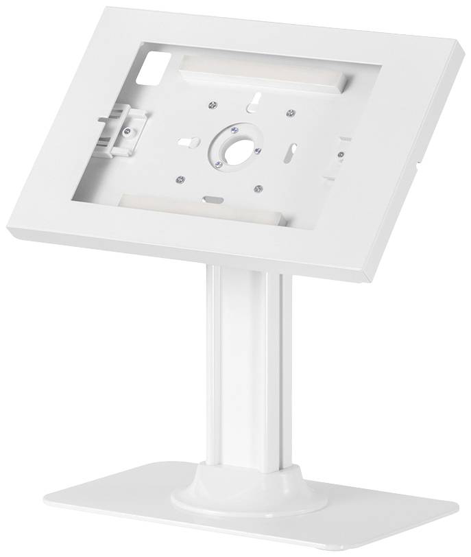 Ein weißer Tablet-Ständer aus Metall, der eine stabile Halterung und Basis bietet, ideal für den Einsatz in Geschäften oder Präsentationen.