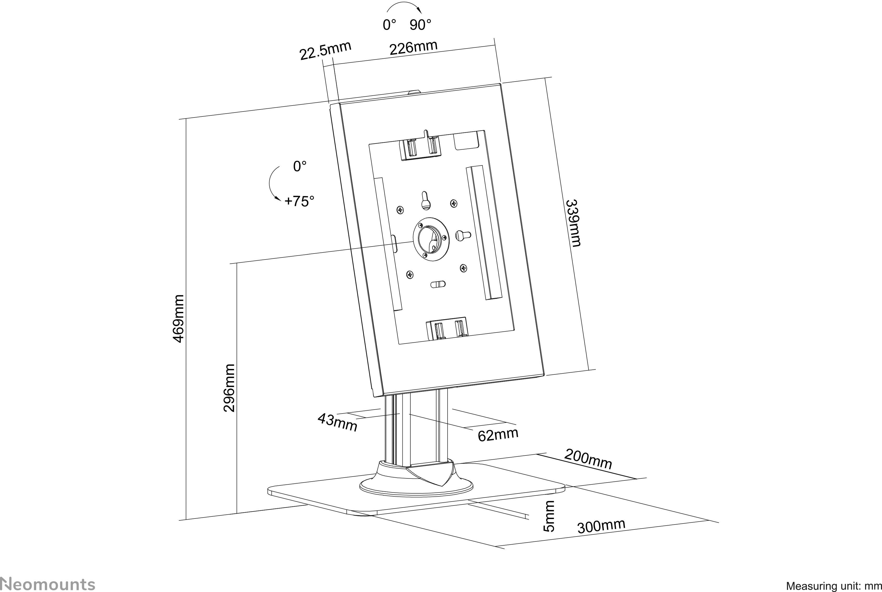 Technische Zeichnung eines Monitor-Arms mit Abmessungen: Höhe 466mm, Breite 226mm. Verstellbar um 75° Neigung und 90° Drehung.