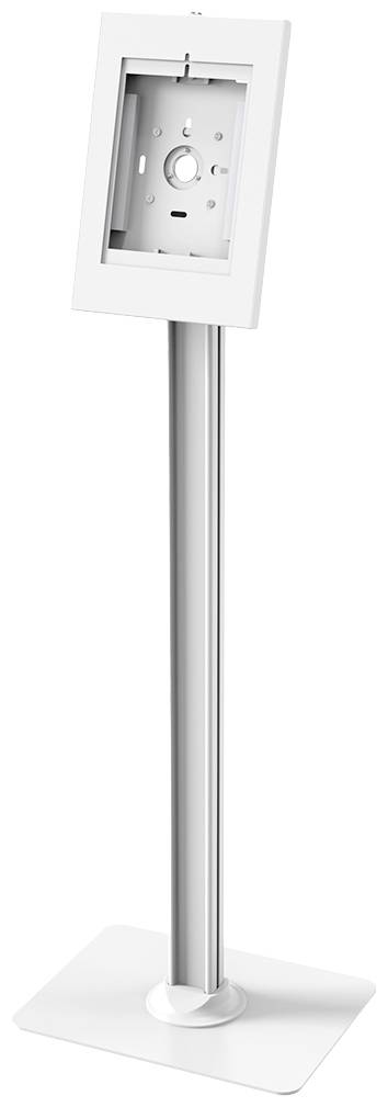 Ein weißer Ständer mit einem leeren Rahmen oben, geeignet für die Montage eines Tablets oder Bildschirms. Freistehend mit rechteckiger Basis.