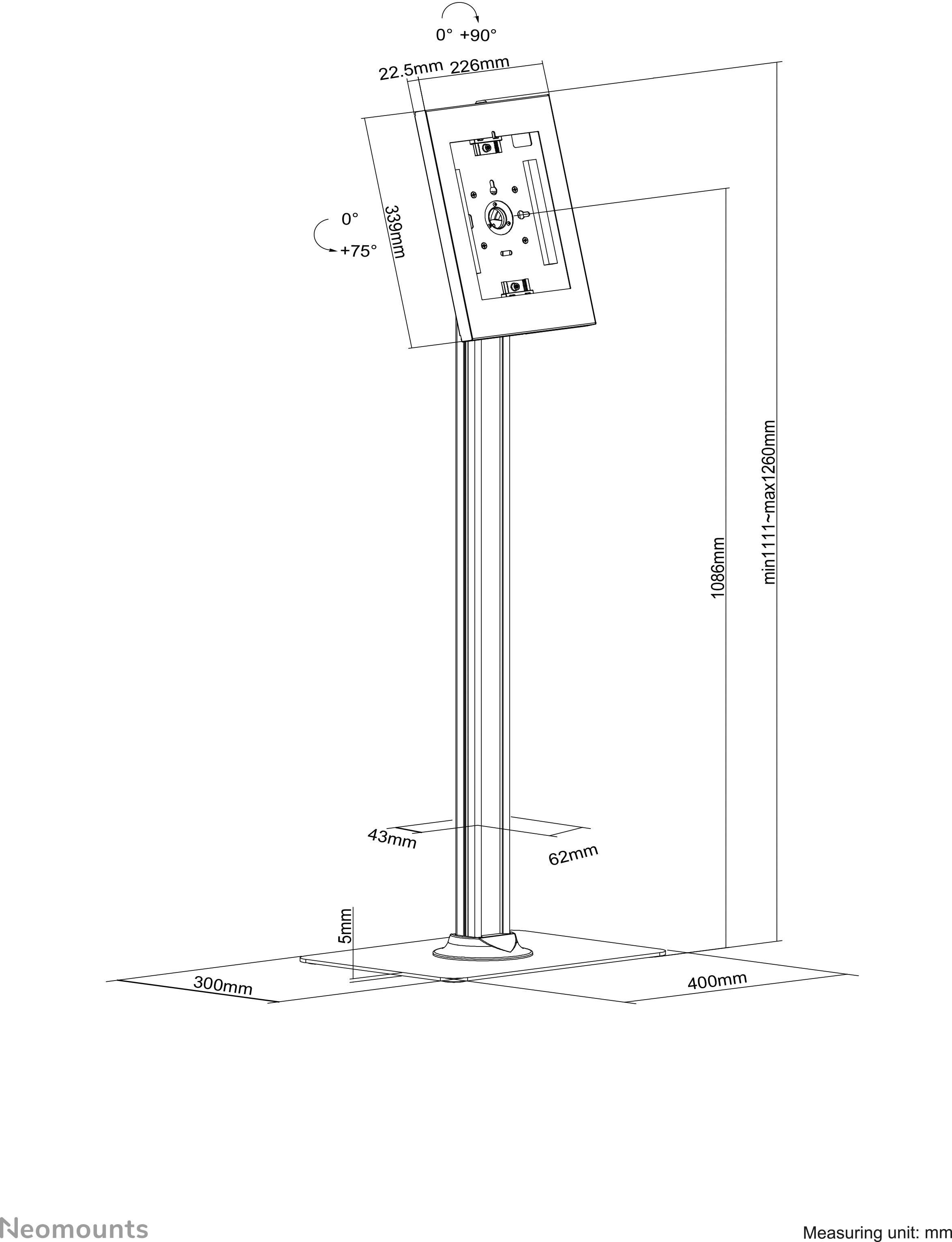Stehender Bildschirmhalter mit Neigungsfunktion und Höhenverstellung, Abmessungen in Millimetern angegeben.