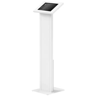Ein freistehender, weißer Infoständer mit integriertem Bildschirm, geeignet für interaktive Displays oder Informationssysteme in öffentlichen Bereichen.