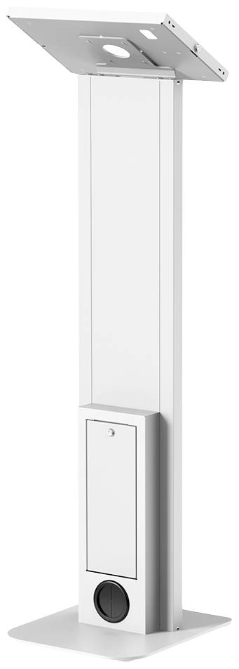 Eine weiße Säule mit rechteckiger Basis und schrägem, rechteckigem Oberteil; hat eine kleine Tür im unteren Bereich.