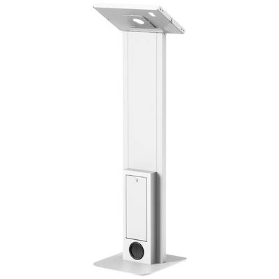 Eine weiße Säule mit rechteckiger Basis und schrägem, rechteckigem Oberteil; hat eine kleine Tür im unteren Bereich.