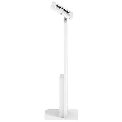 Ein weißer, schlanker digitaler Kiosk mit einem geneigten Bildschirm, der auf einem Standfuß montiert ist, für interaktive Präsentationen.