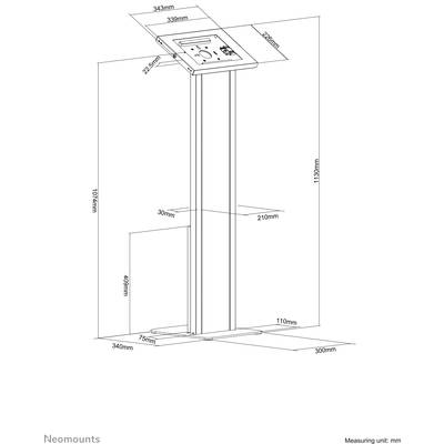 Diagramm eines verstellbaren Ständers mit Maßen. Breite oben 343 mm, Höhe 1130 mm, Sockelbreite 340 mm. Maßeinheit: mm.