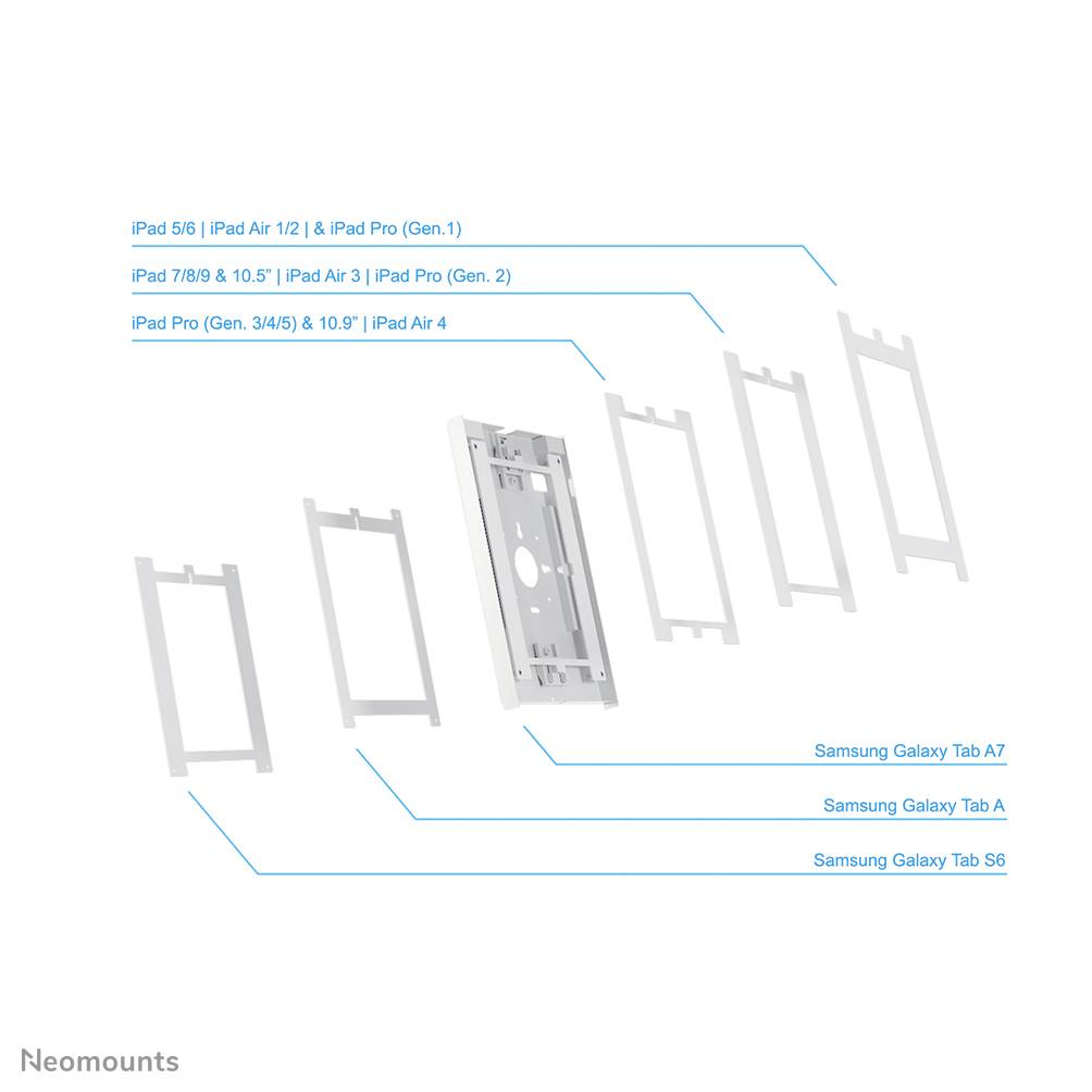 Die Grafik zeigt sechs Halterahmen für verschiedene iPads und Samsung Galaxy Tabs, mit Modellbezeichnungen und Reihenfolge.