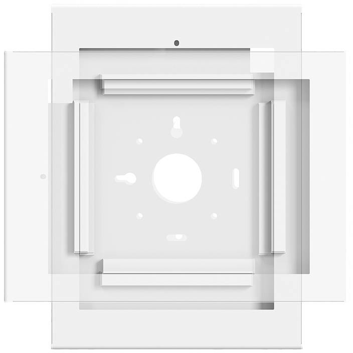 Ein weißer, quadratischer Rahmen mit symmetrischen Linien und einem kreisförmigen Ausschnitt in der Mitte, auf einem weißen Hintergrund.