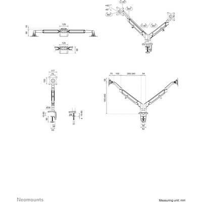 'Technische Zeichnung eines Doppel-Monitorarms mit Dimensionen in mm. Details zur Montage und Einstellbarkeit der Arme.'