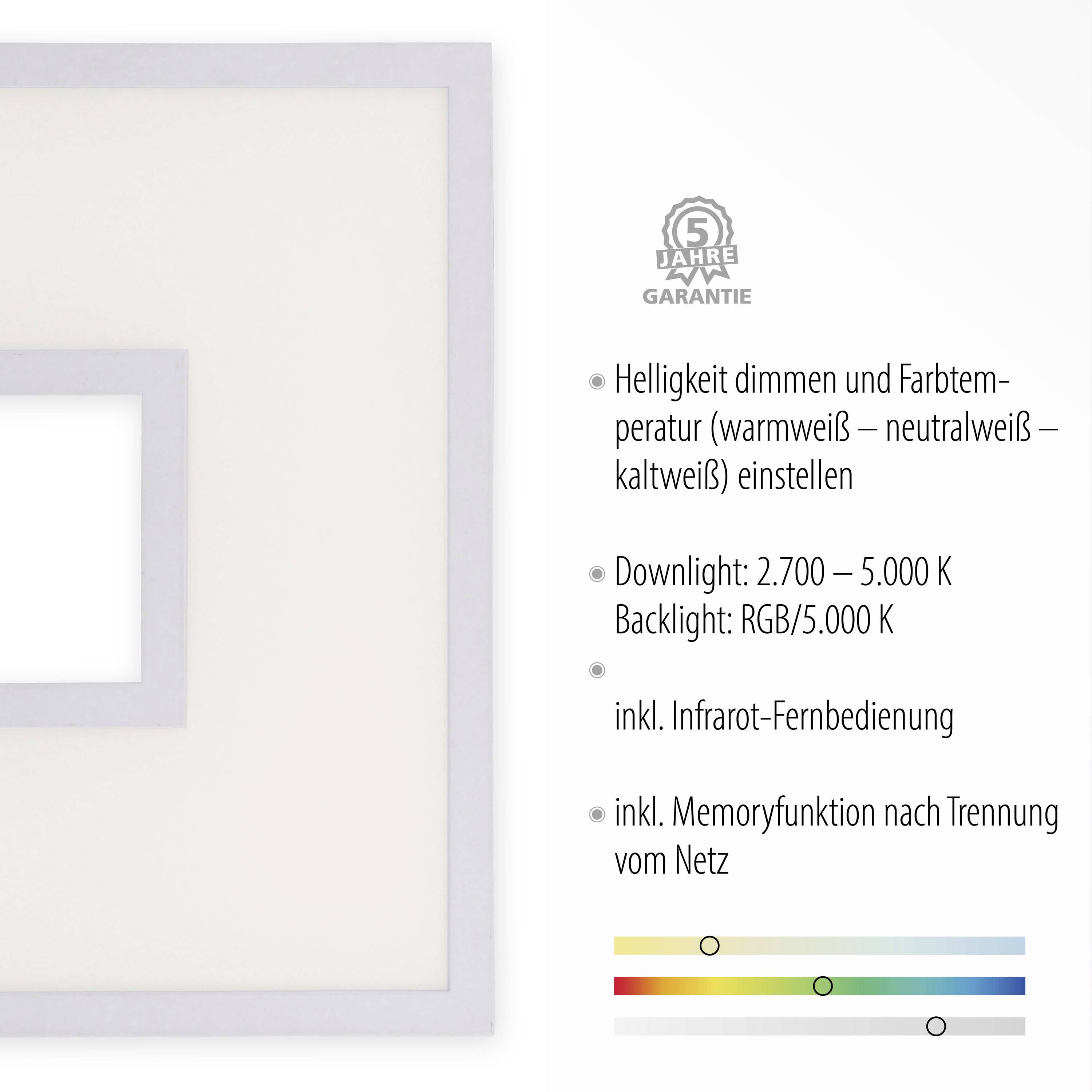 LED-Panel mit dimmbarer Helligkeit und einstellbarer Farbtemperatur (2.700 - 5.000 K), inklusive Fernbedienung und fünf Jahre Garantie.