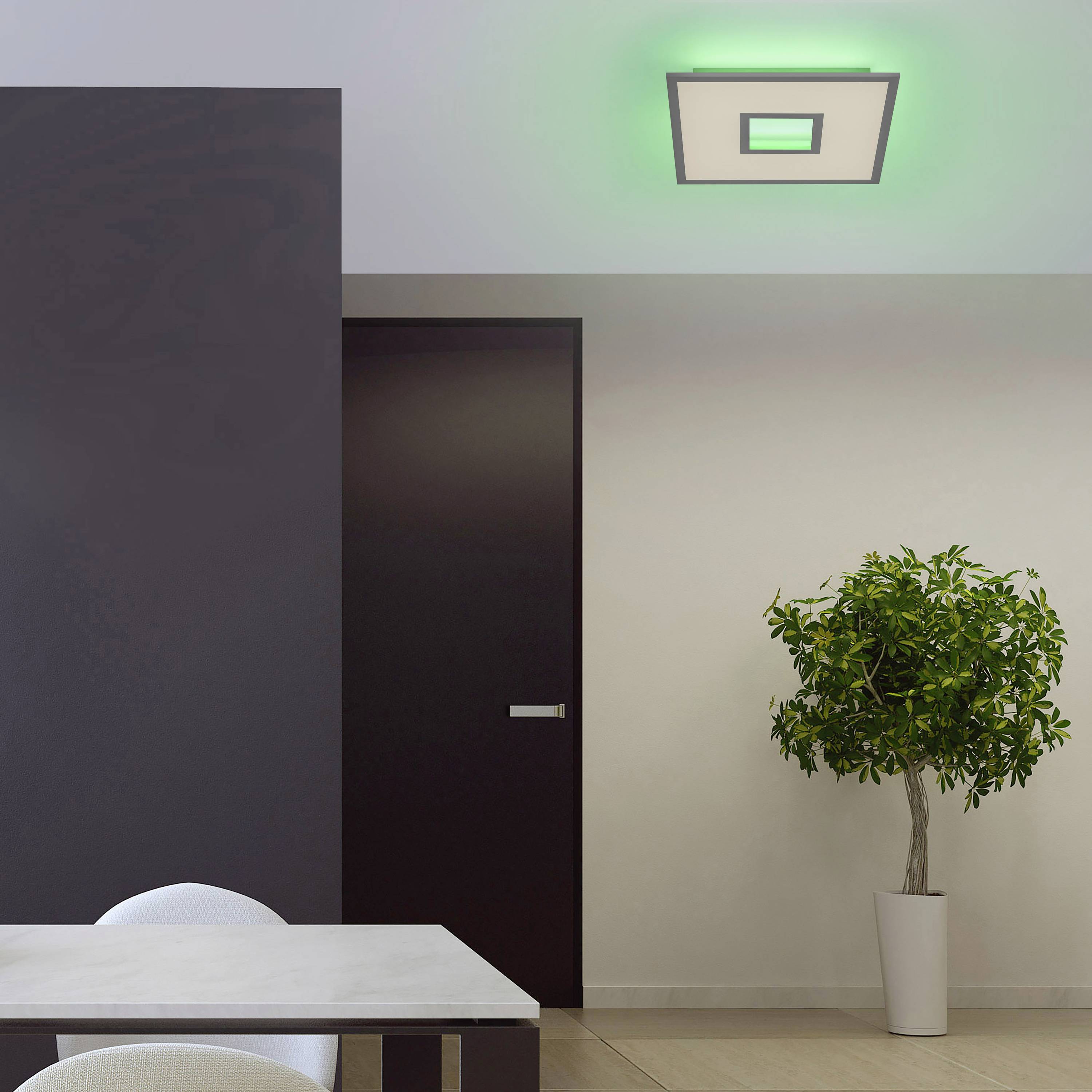 Moderner Innenraum mit einem Tisch, einer geschlossenen Tür und einer Pflanze neben der Wand. Eine rechteckige Deckenleuchte leuchtet grün.