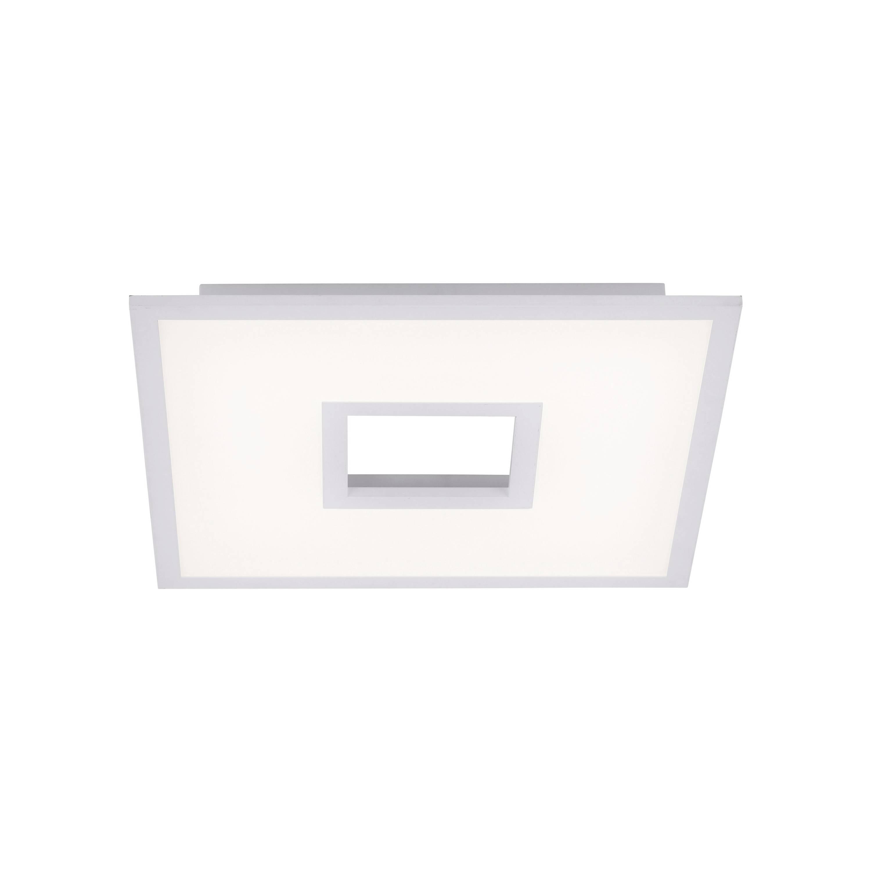 Weiße, quadratische Deckenleuchte mit rechteckigem Ausschnitt in der Mitte, gleichmäßig leuchtend.