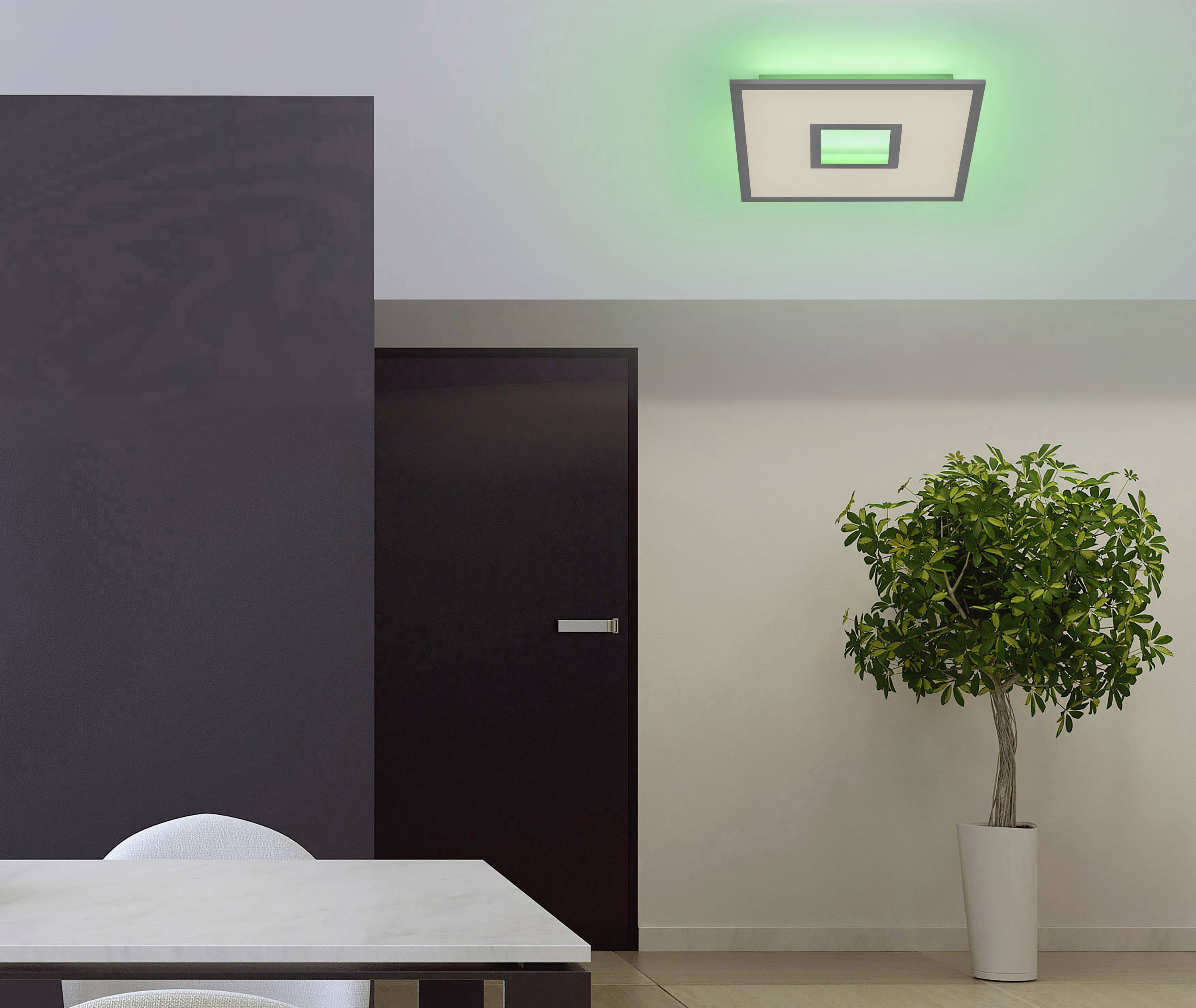 Ein moderner Raum mit weißem Tisch, weißem Stuhl und grün beleuchtetem Deckenlicht. Rechts steht eine hohe Pflanze in einem Topf.