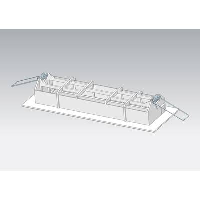 Eine 3D-Darstellung einer Schalung mit Metallverstärkungen an beiden Enden. Dient zur Betonformgebung in Bauprojekten.