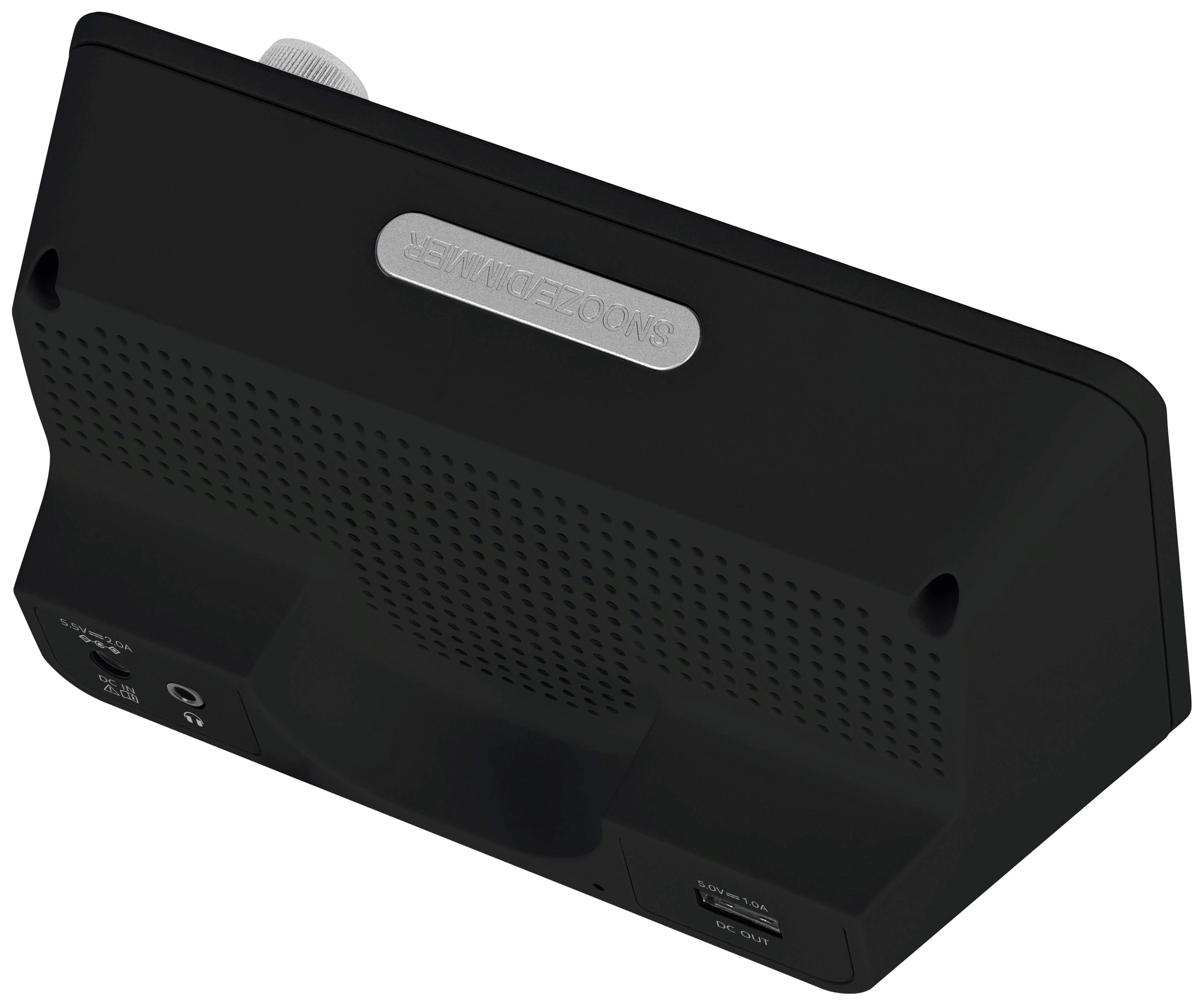 Ein schwarzes elektronisches Gerät mit Lüftungsschlitzen und zwei USB-Anschlüssen auf der Rückseite. Oben ein Drehknopf.