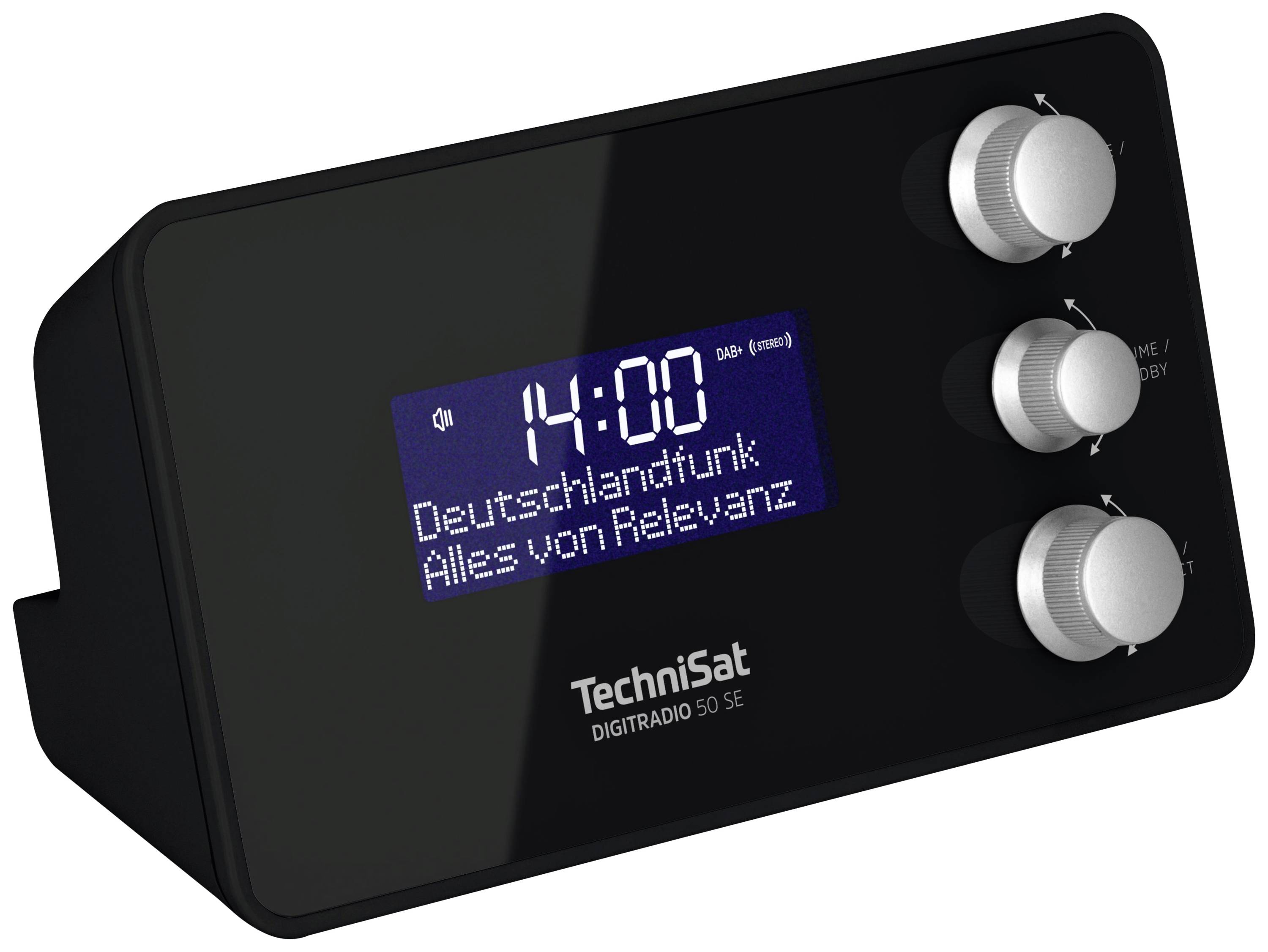 Ein schwarzes Tischradio mit digitalem Display zeigt '14:00' und 'Deutschlandfunk'. Drei silberne Drehregler an der Seite.