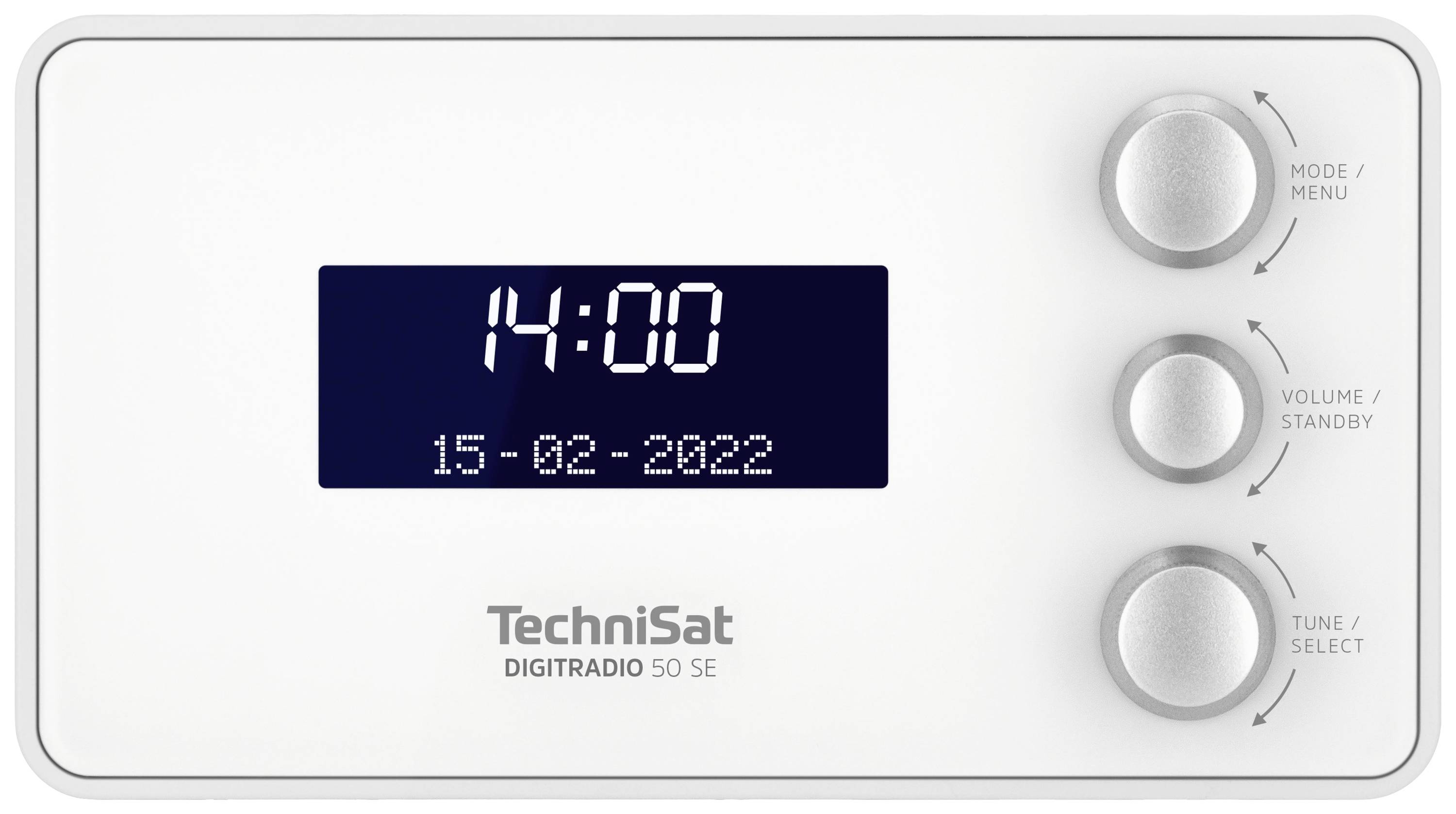 Digitalradio-Display mit Uhrzeit '14:00' und Datum '15-02-2022'. Drei Bedienelemente: Modus/Menü, Lautstärke/Standby, Frequenzwahl.
