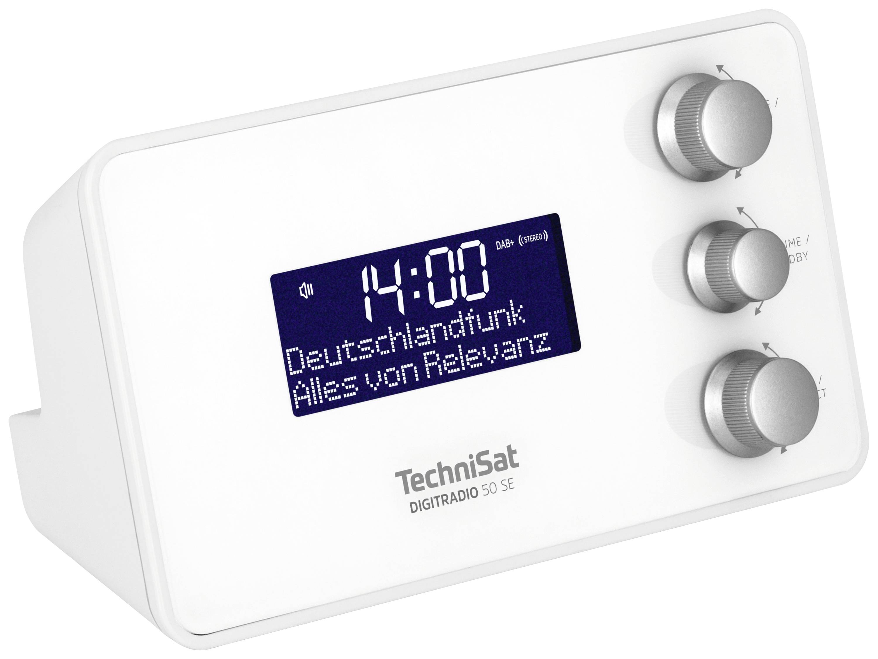Digitalradio mit großem Display zeigt '14:00 Deutschlandfunk Alles von Relevanz'. Drei Drehknöpfe rechts, weißes Gehäuse.