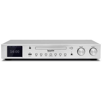 Silberner Hi-Fi-Receiver von TechniSat. Display zeigt '10.09.2022, 14:00'. Bedienknöpfe und Anschlüsse sichtbar.