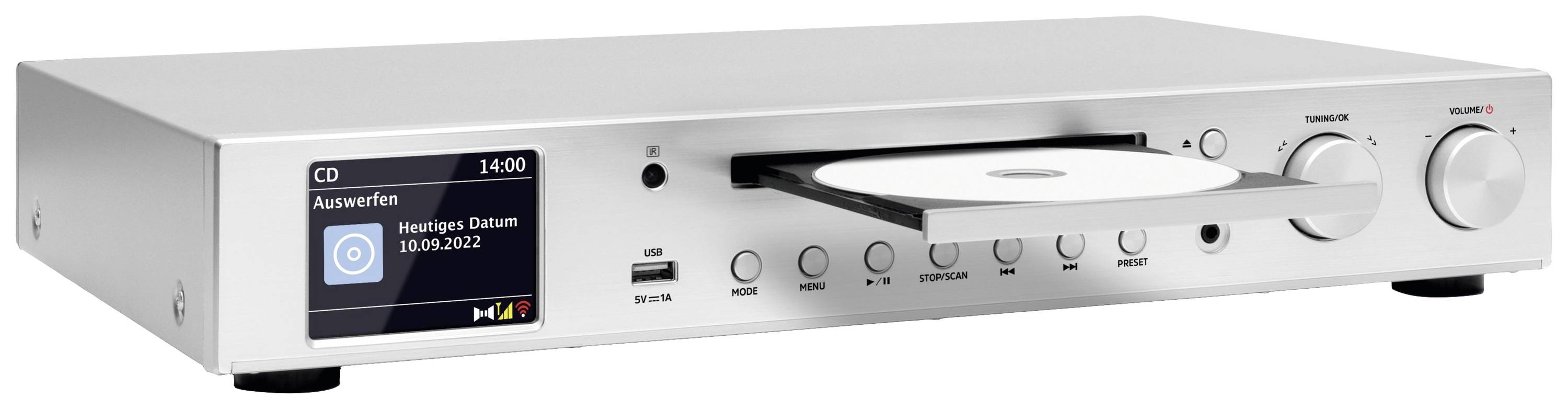 CD-Player mit geöffnetem Fach und eingelegter CD, zeigt Anzeige 'CD', 'Auswerfen', 'Kategorie: Diskos', '18.09.2022'.