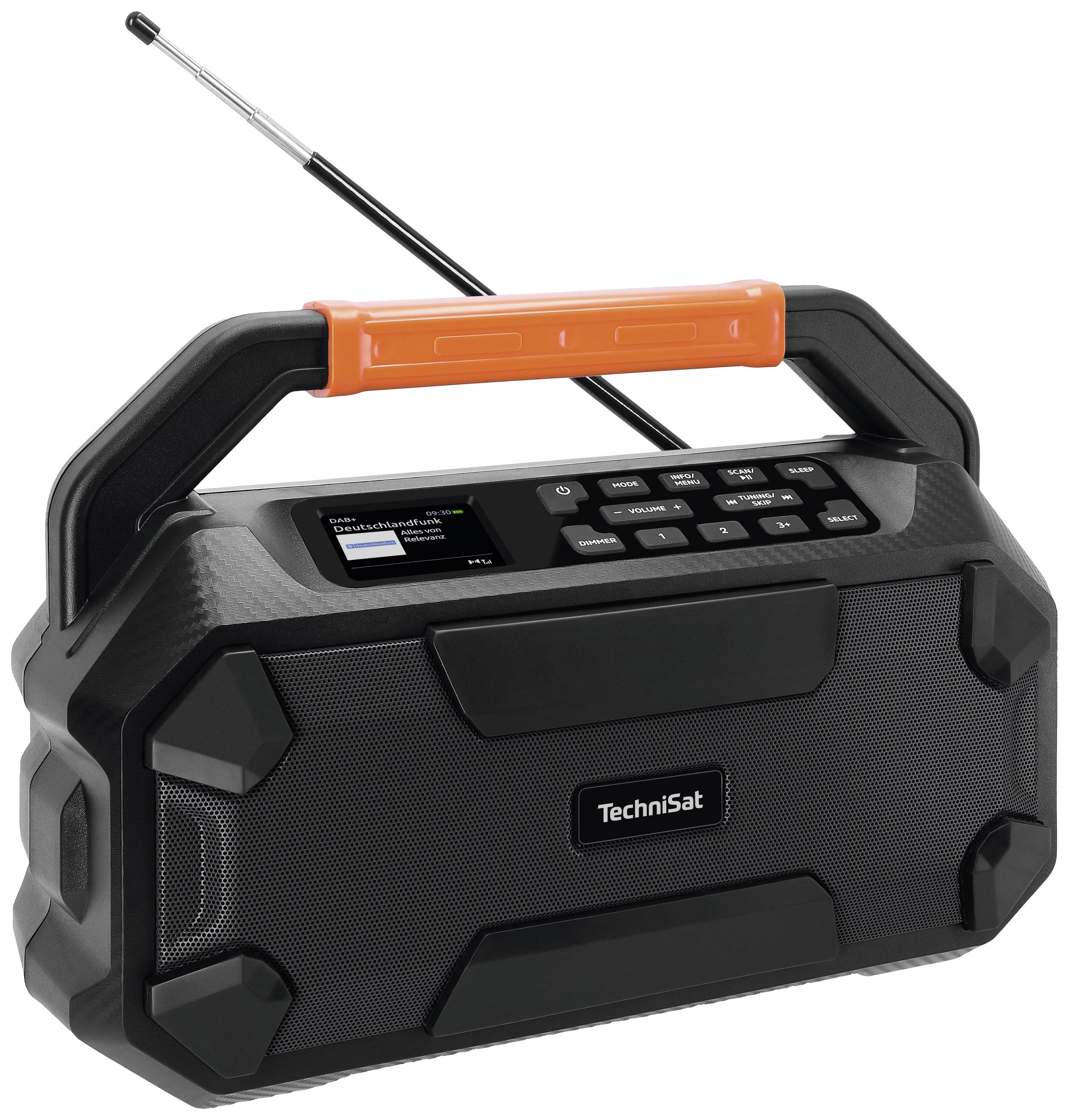 Tragbares Radio mit Digitalanzeige, Lautsprechern und orangem Griff. Markiert mit 'TechniSat'. Eignet sich für draußen.