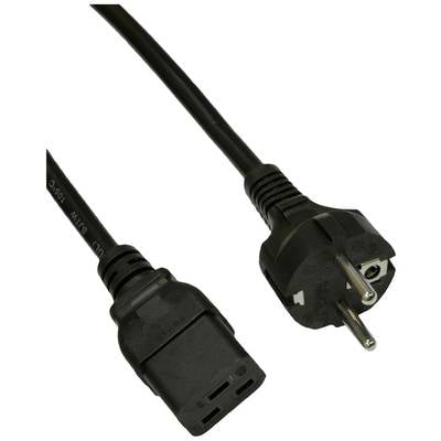 Ein schwarzes Netzkabel mit einem C13-Stecker auf der linken Seite und einem Schuko-Stecker auf der rechten Seite.