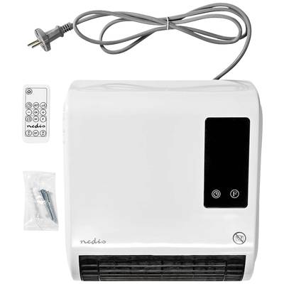 Elektrischer Wandheizlüfter in Weiß mit LED-Anzeige, Kabel, Fernbedienung und Montagematerial.
